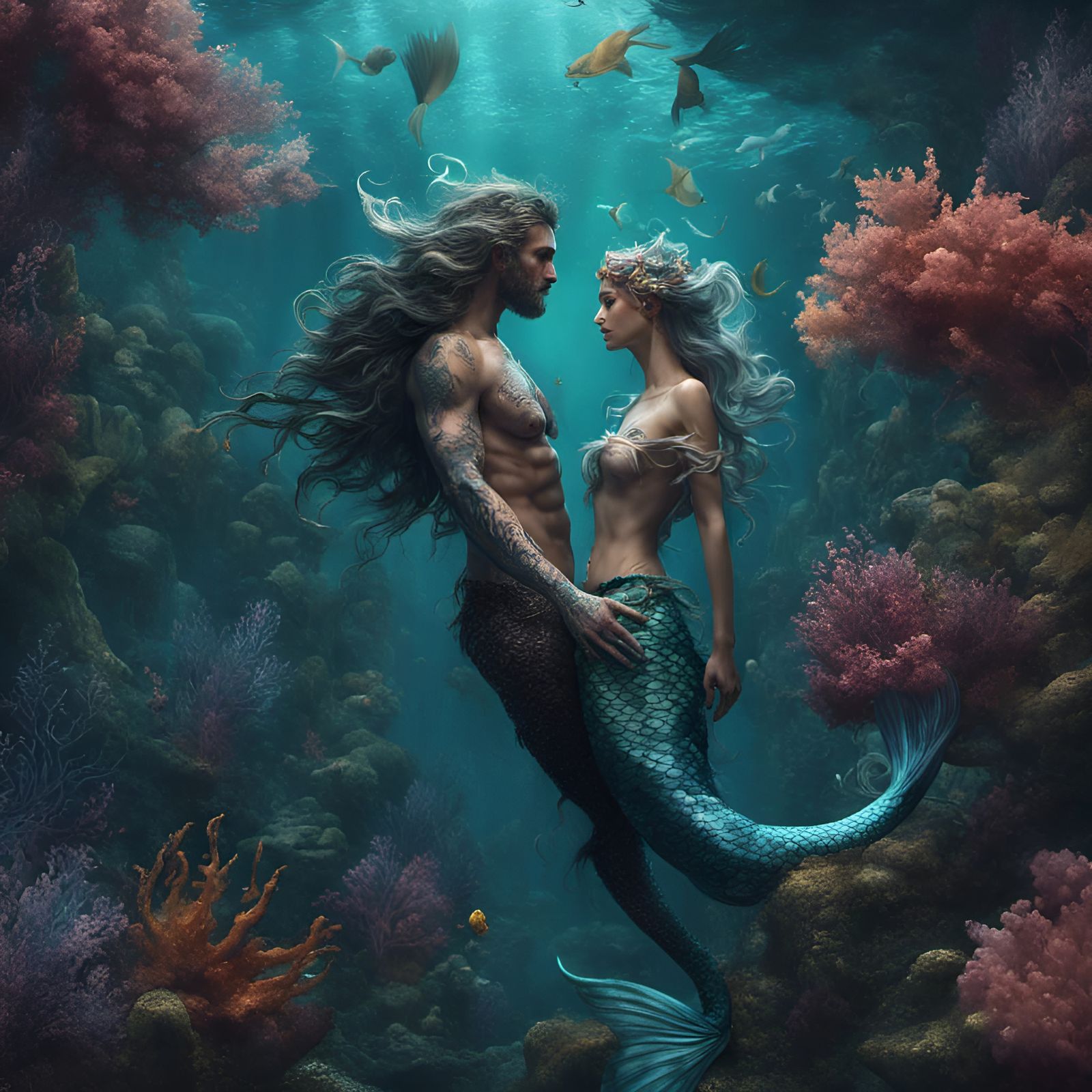 Underwater Embrace: Mermaid and Merman Fantasy Art