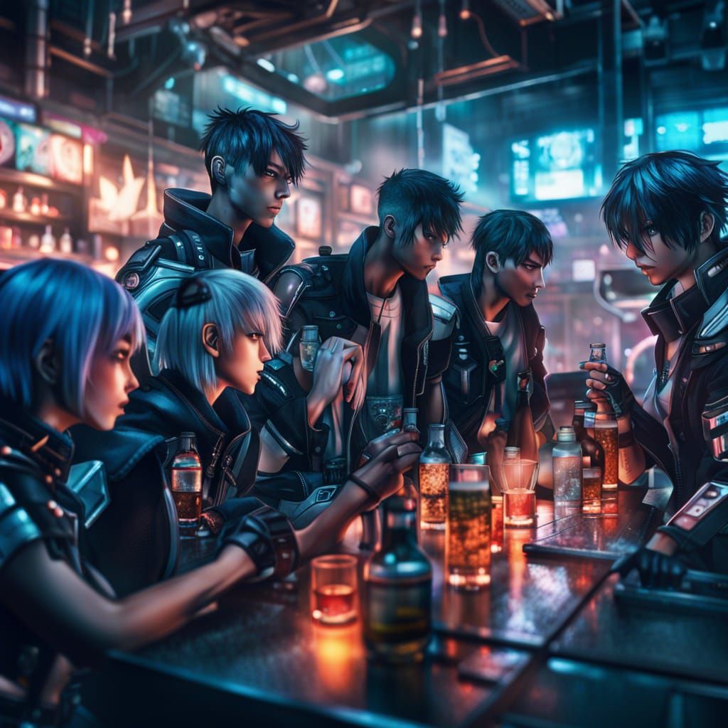 Cyberpunk Anime: Friends Drinking in a Futuristic City