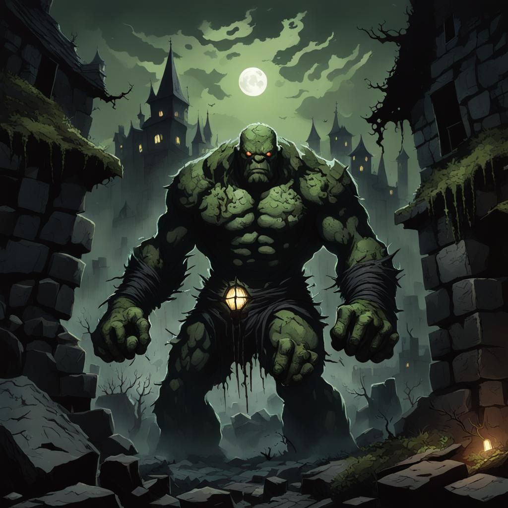 Moss-Covered Stone Golem Guardian in Ruined Village