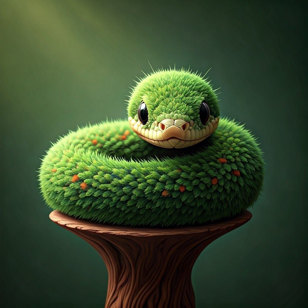 Adorable Moss Snake in Children's Book Style