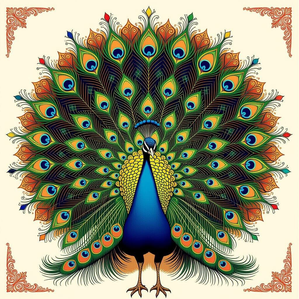 Peacock with Iridescent Feathers in Art Nouveau Style