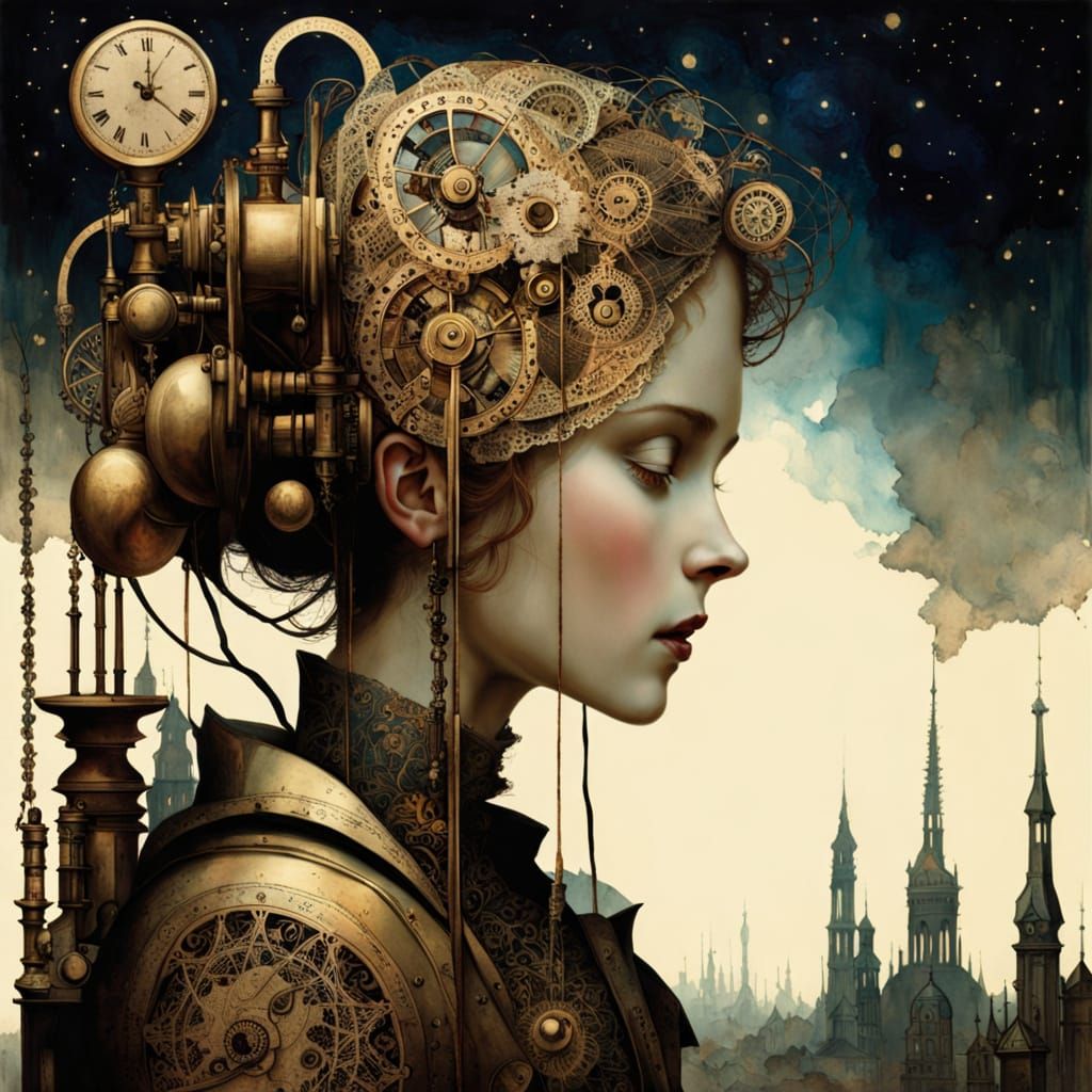 Ethereal Steampunk Clockwork Contraption in Dystopian Metrop...