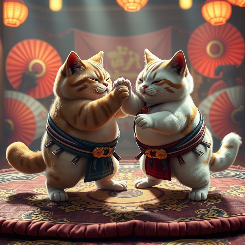 Sumo Cats Engage in Futuristic Playful Wrestle
