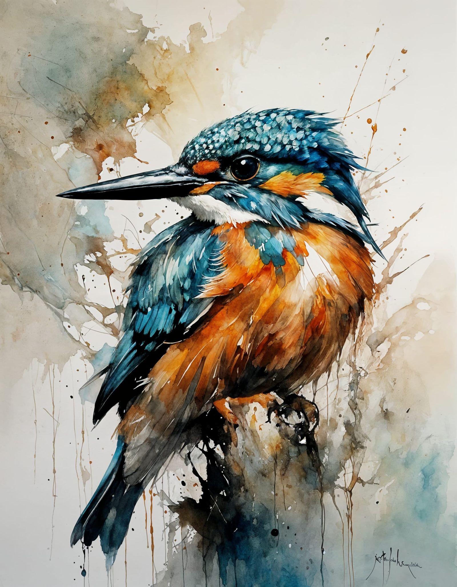 Kingfisher with Fish: Minimalist Alcohol Ink Art