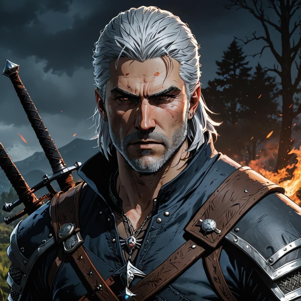 Geralt in Medieval Battle, Anime Style Illustration