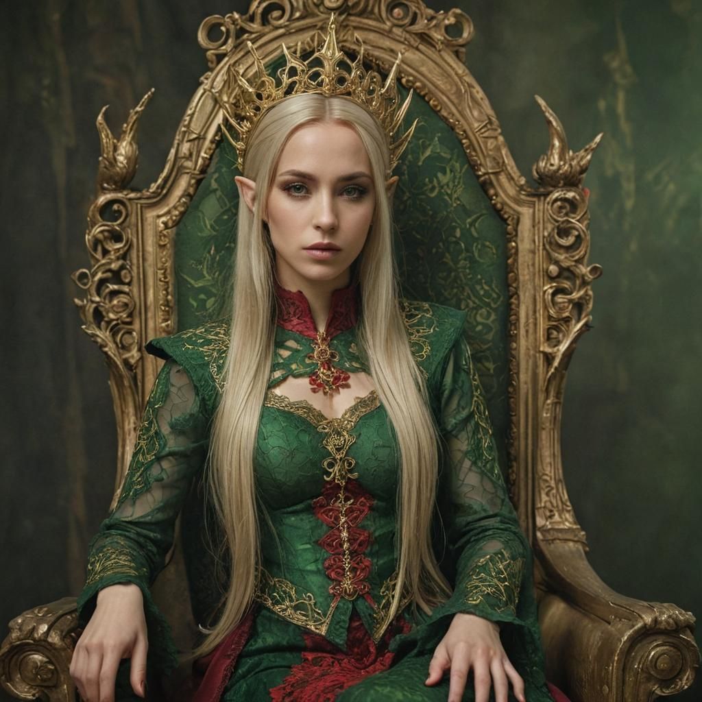 Elegant Dark Elven Queen Portrait in Golden Throne Room
