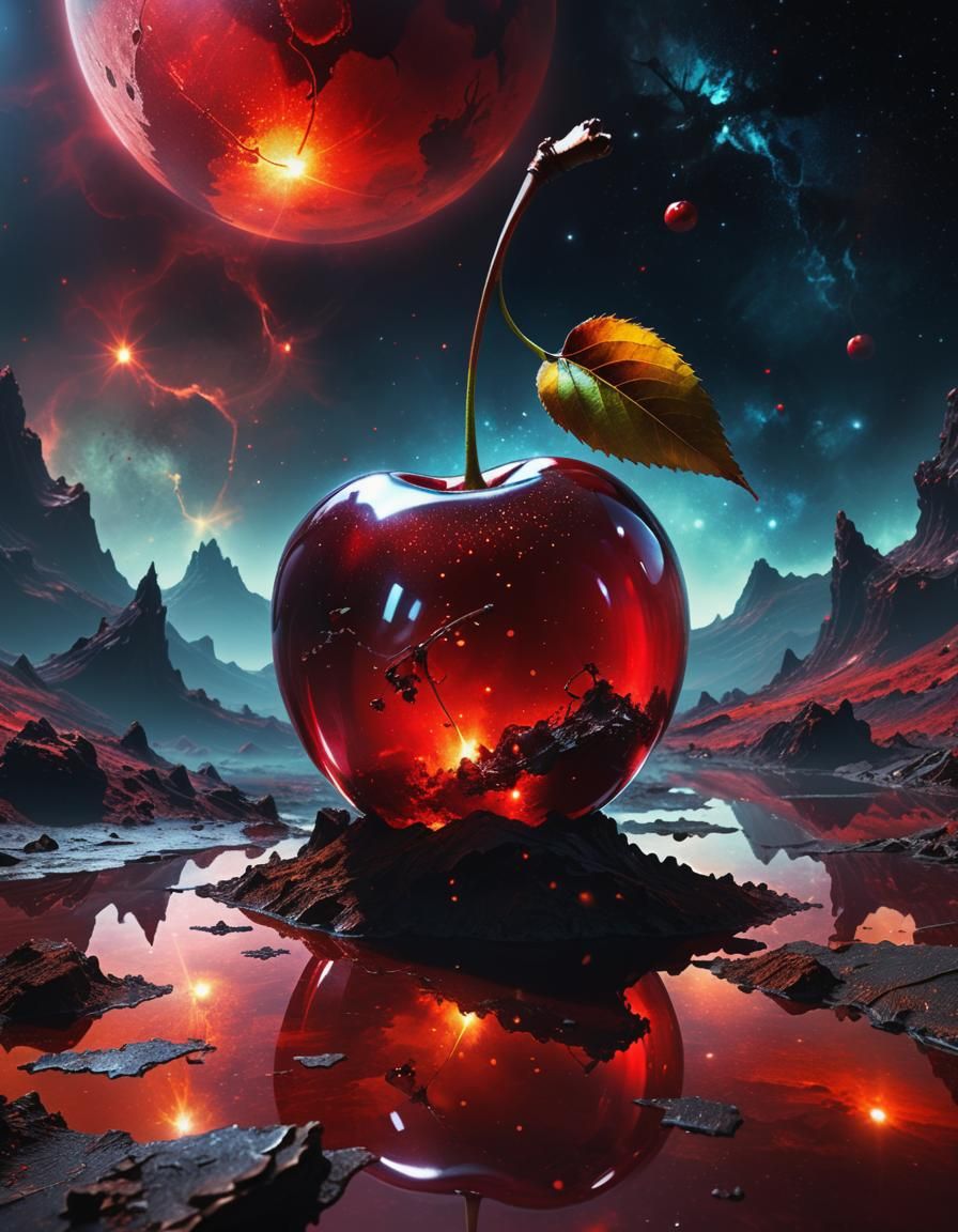 Surreal Space Landscape with Glassy Cherry