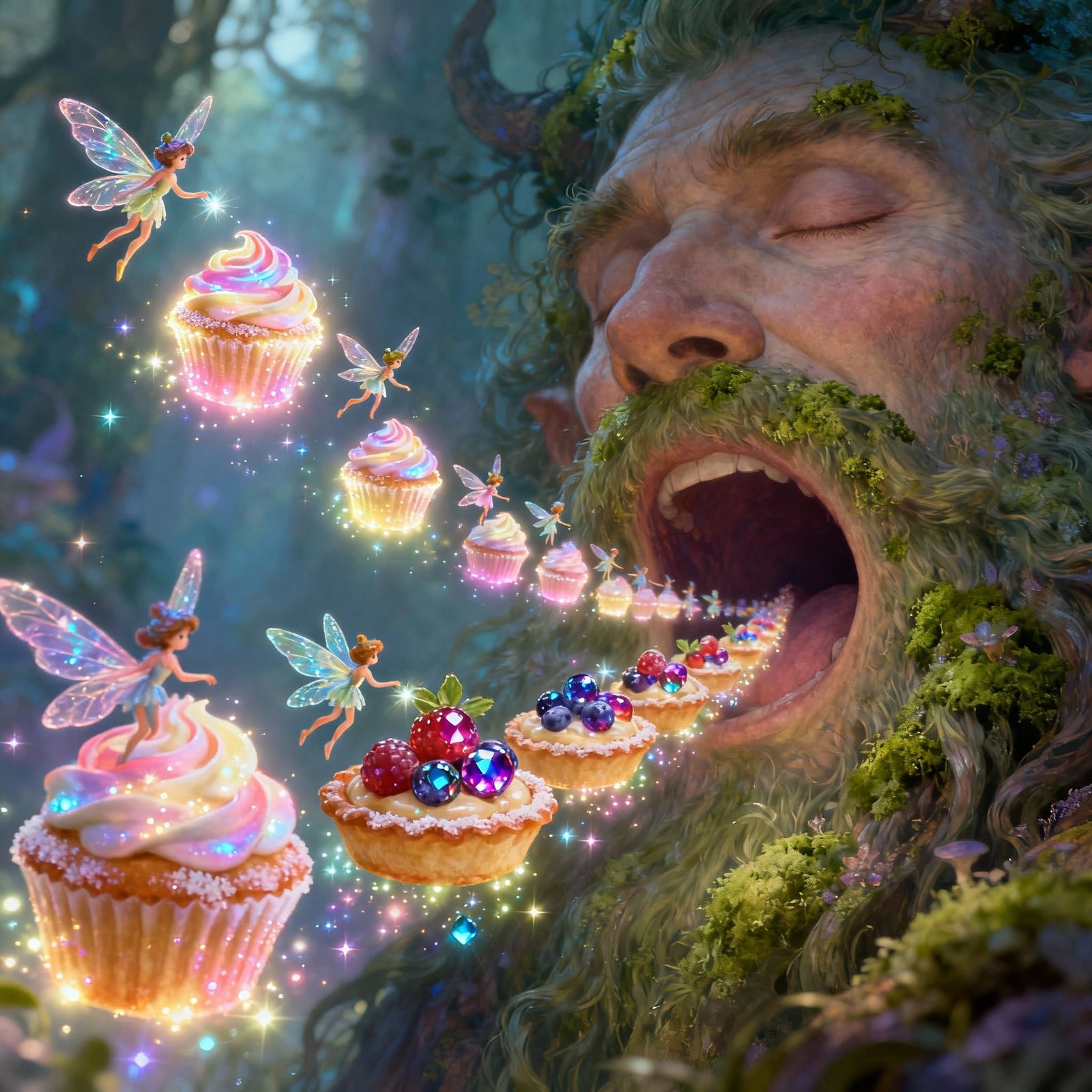 Whimsical Pixies Offer Enchanted Treats to Gentle Giant