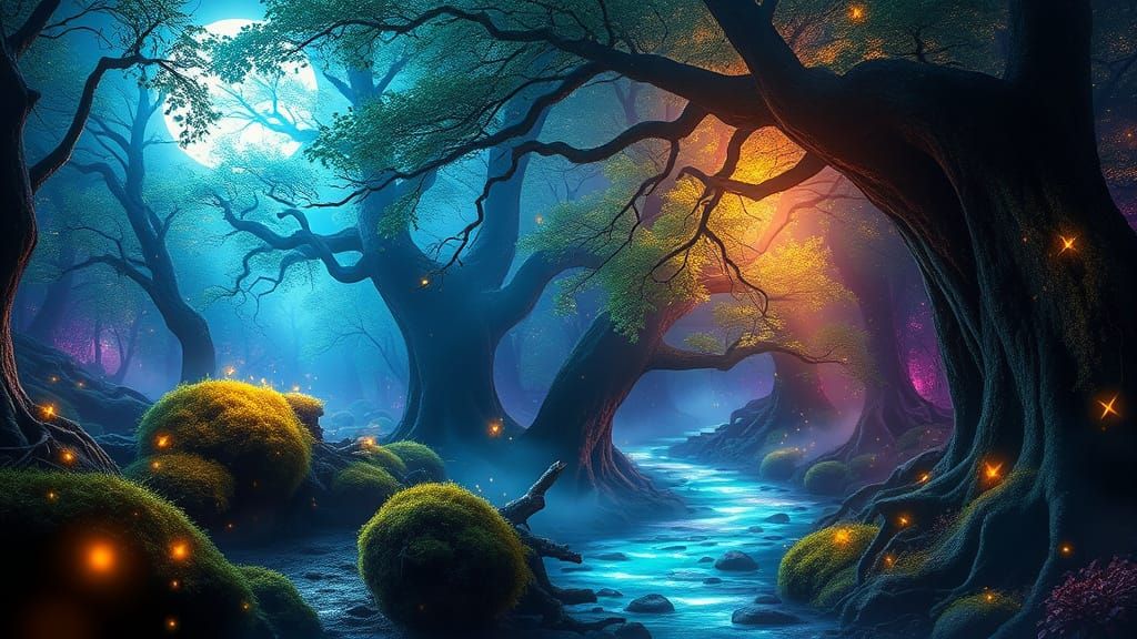 Mystical Woodland Moonlight Dreamscape Painting