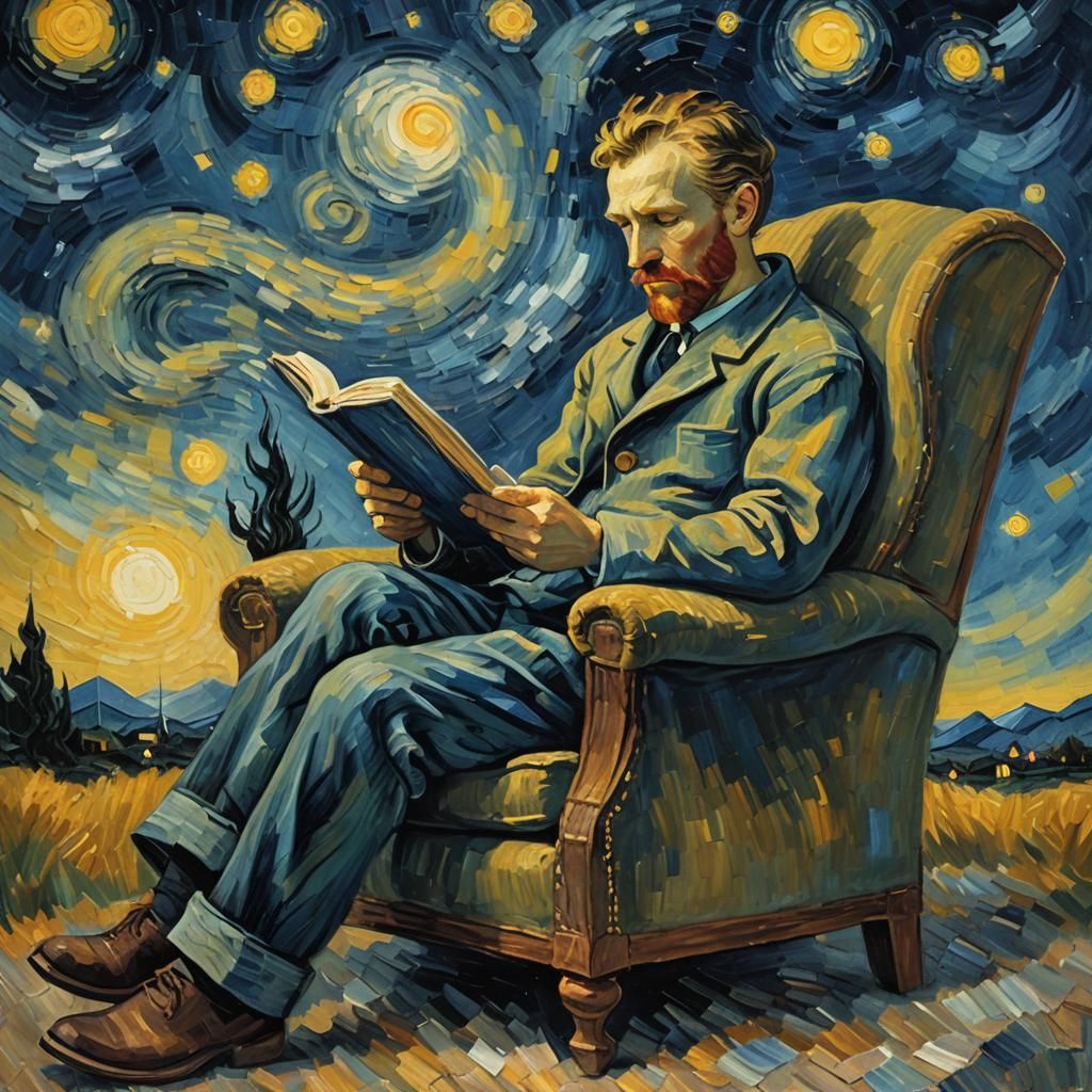 Impressionist Portrait of Man Reading Under Starry Night