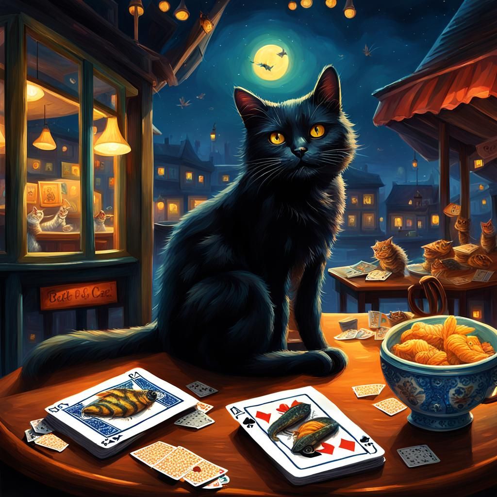 Bees Playing Cards in Night Cafe, Picturesque Style