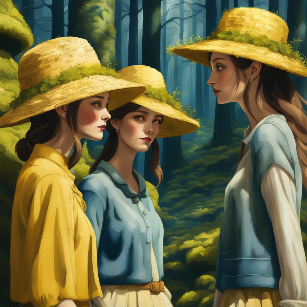 Girls in Yellow Hats in Whimsical Forest