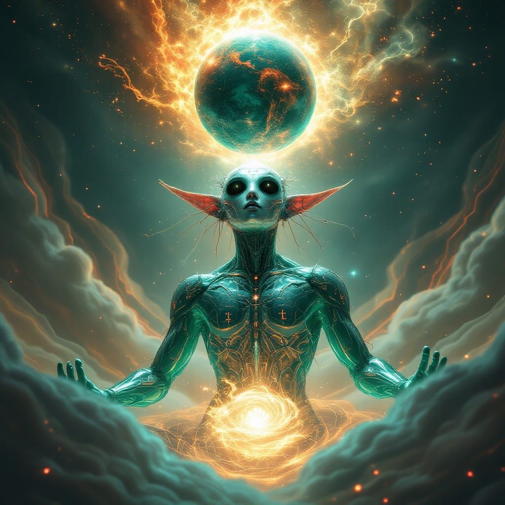 Cybernetic Ascendant Raises Fiery Planet Amidst Cosmic Scrip...