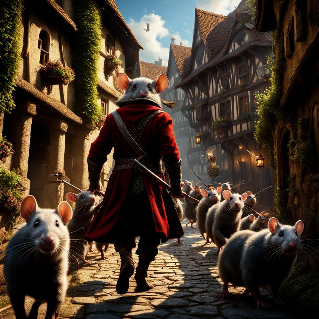 Pied Piper Leads Rats: Detailed Matte Painting