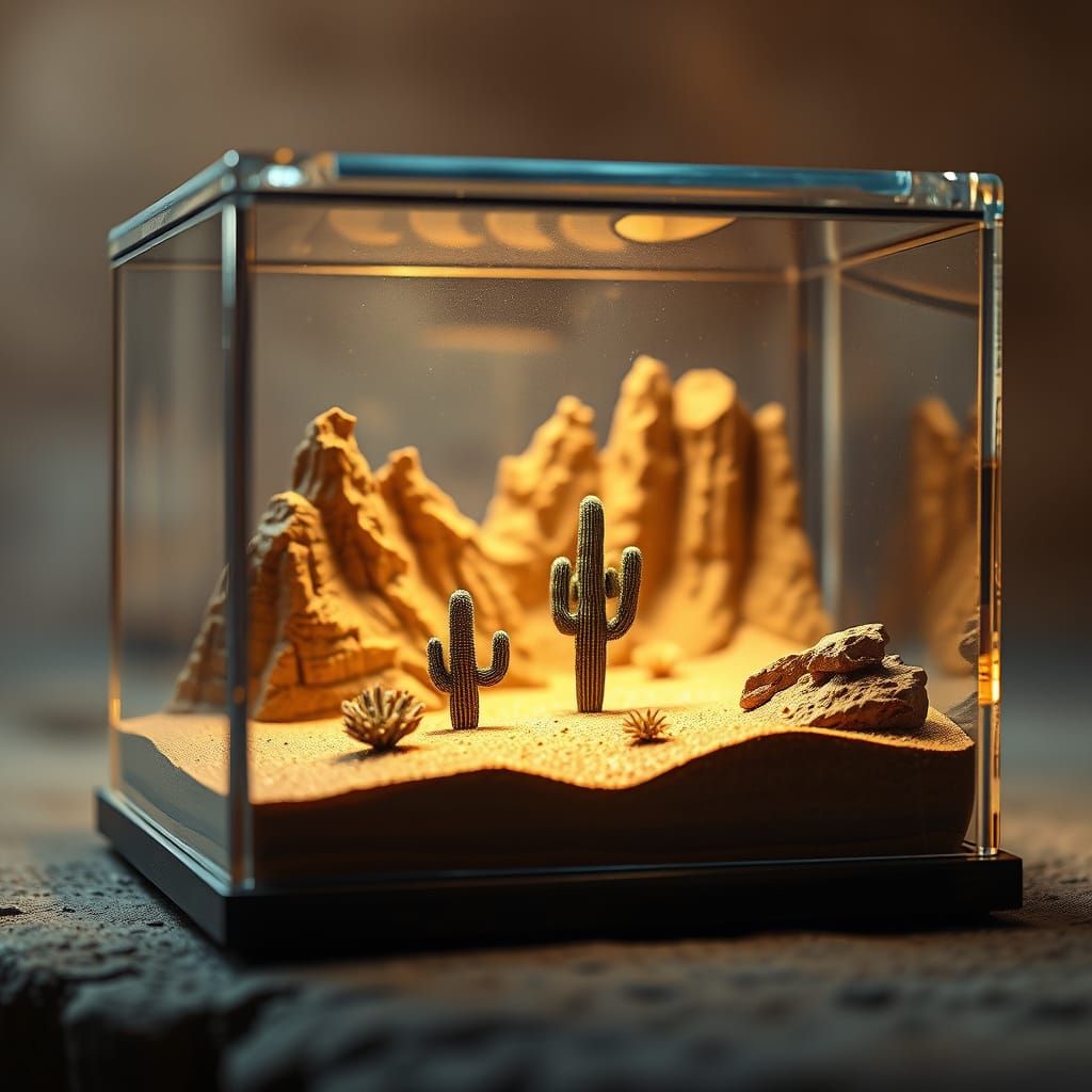 Epic Cinematic Miniature Desert Scene in a Glass Box