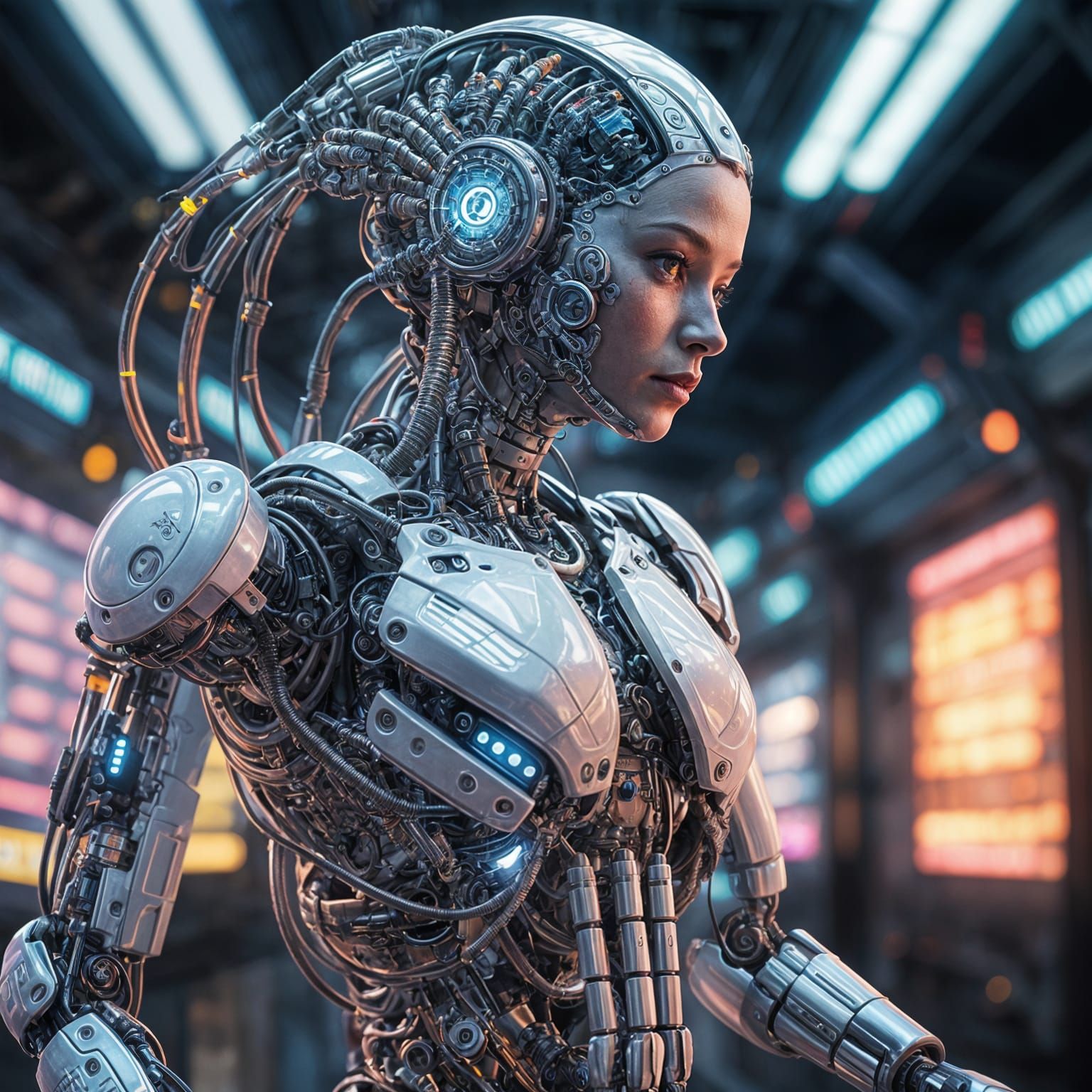 Pregnant Cyborg Woman With Intricate Robotics