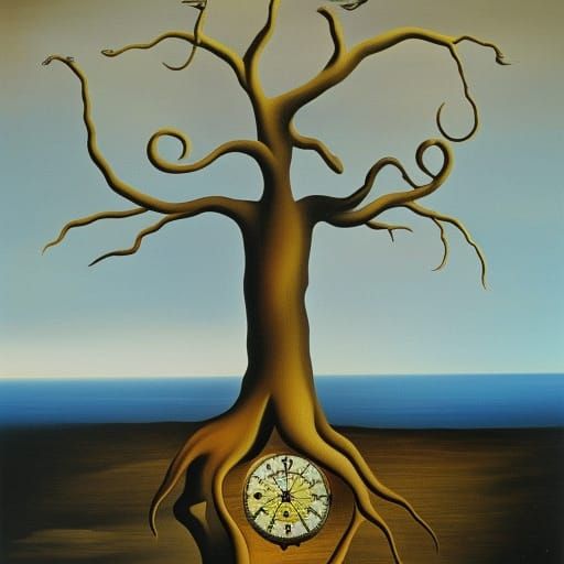 Surreal Melting Clock Tree in Dali Style