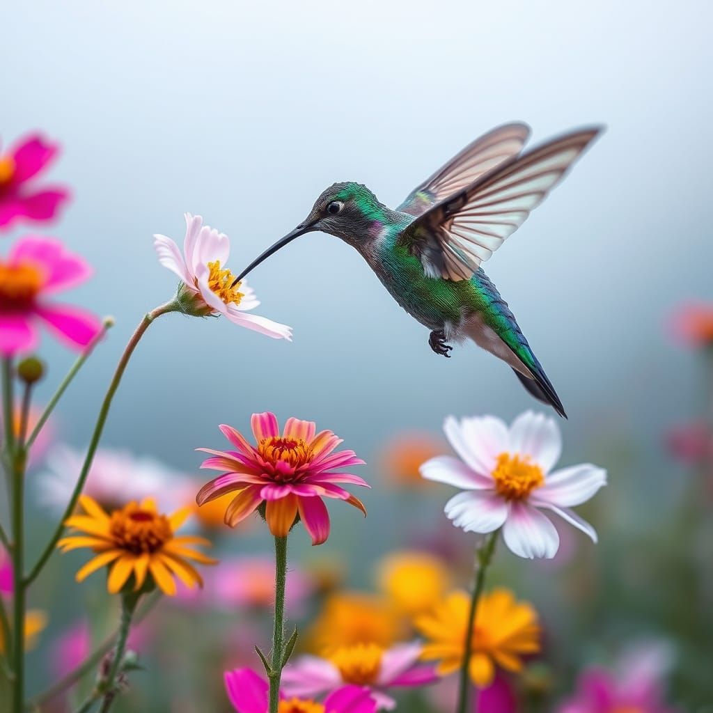 Vibrant Hummingbird Amidst Wildflowers in Ethereal Morning L...