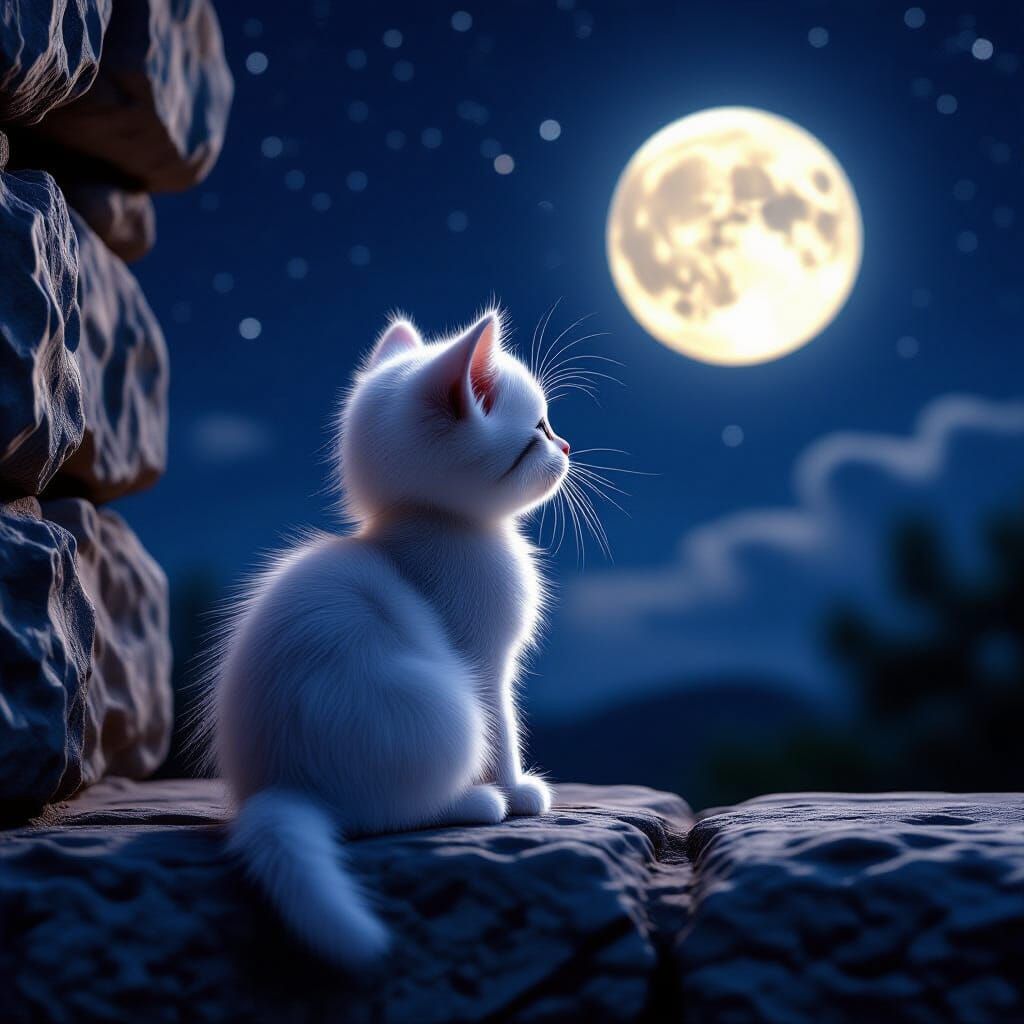 White Kitten Gazes at Full Moon on Stone Ledge