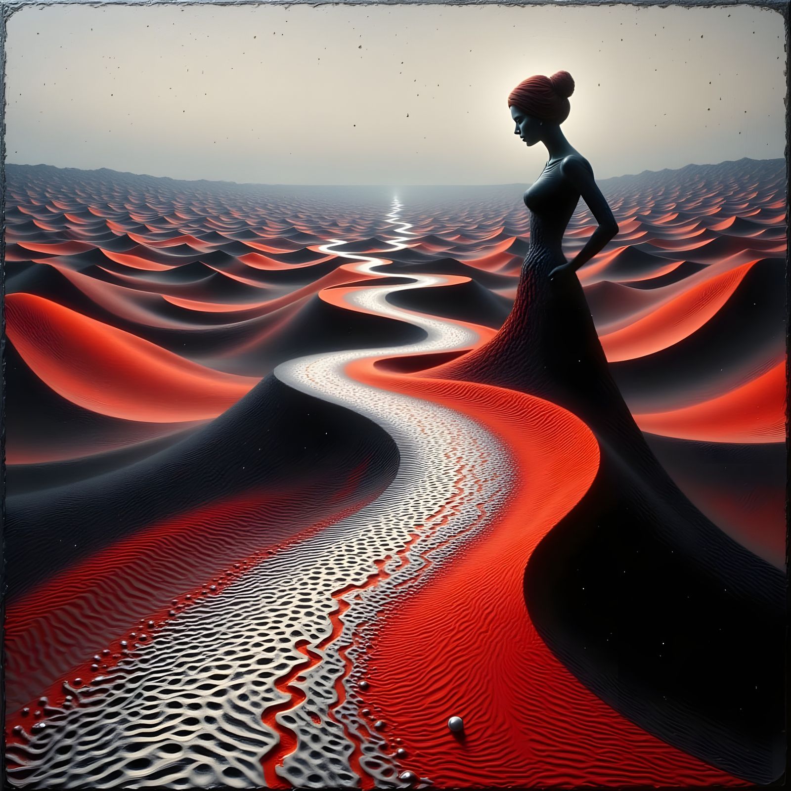 Surreal Desert Landscape Oil Painting with Glitch Effects