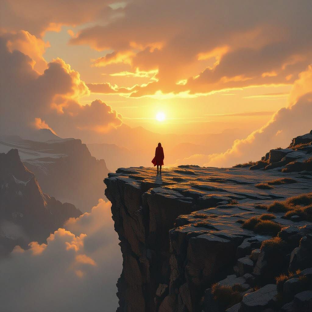 A lone figure stands at the edge of a windswept precipice. T...