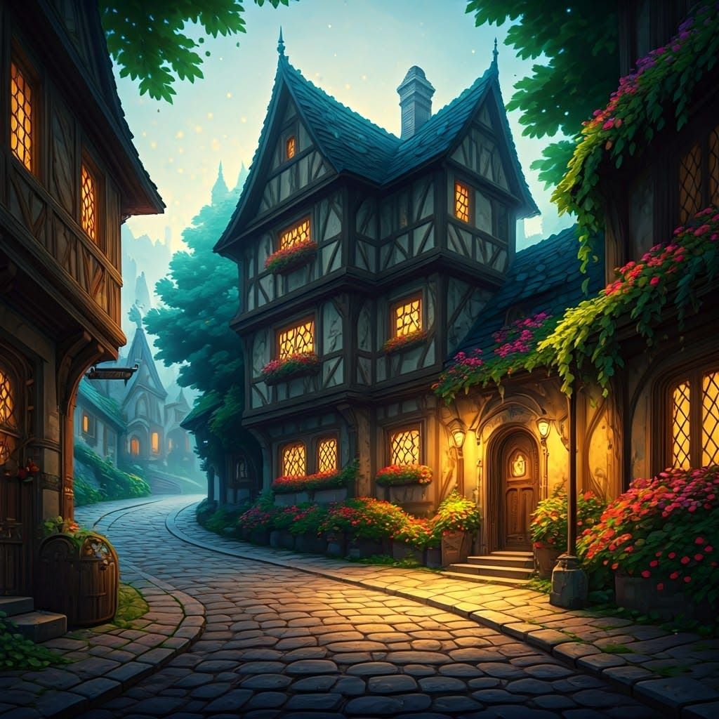 Village Inn Radiates Golden Light in Dreamlike Style