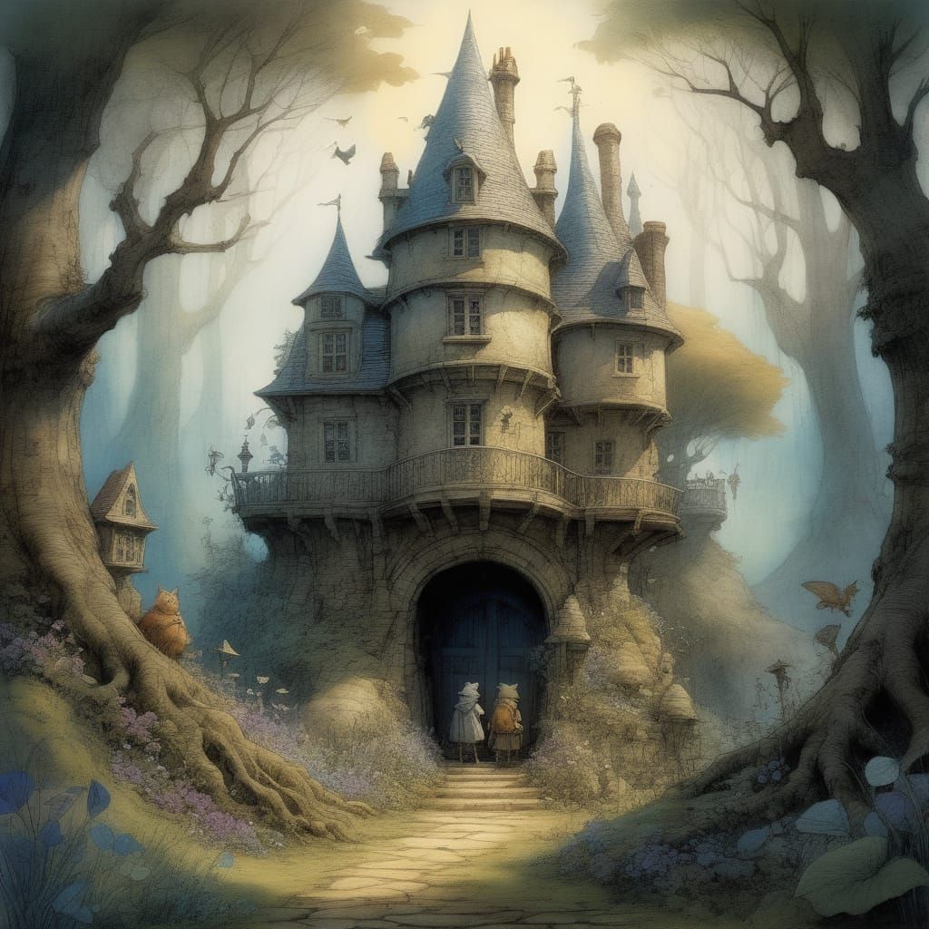 Whimsical Fantasy Village with Peri Girls and Red Foxes in W...