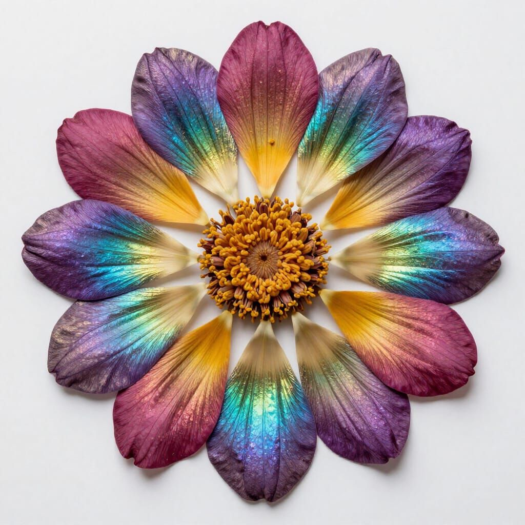 Individual flower petals arranged  as art against  rainbow metallic micro textures calcopyrite