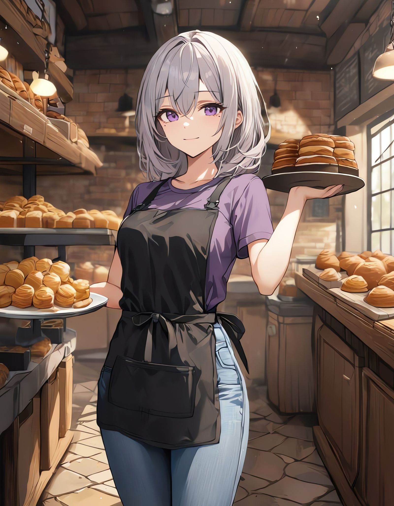 Cheerful Pastry Chef in Light Gray Hair and Purple Eyes