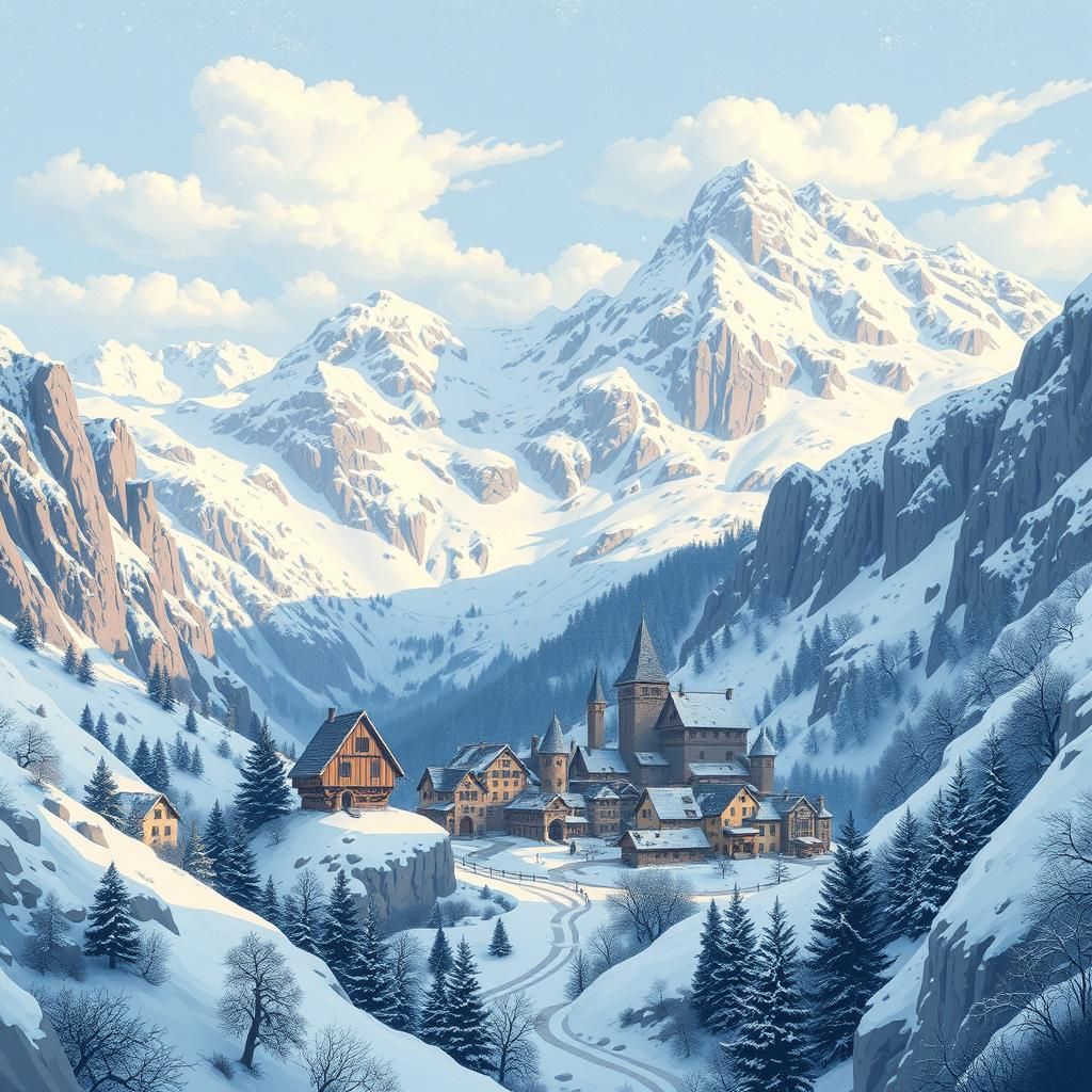 Snowy Medieval Village: 32-bit Vector Illustration