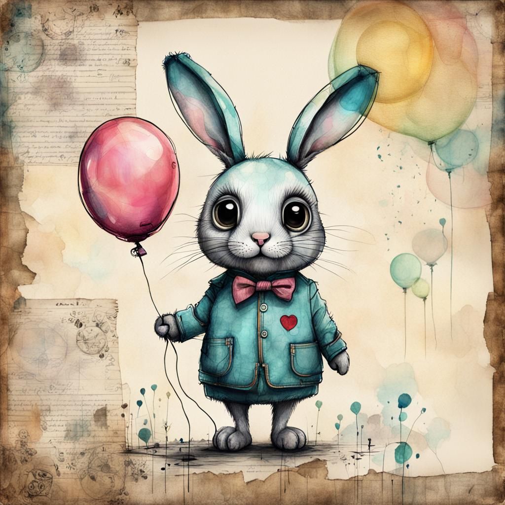 Cute Bunny with Balloon, Pop Surrealism Mixed Media