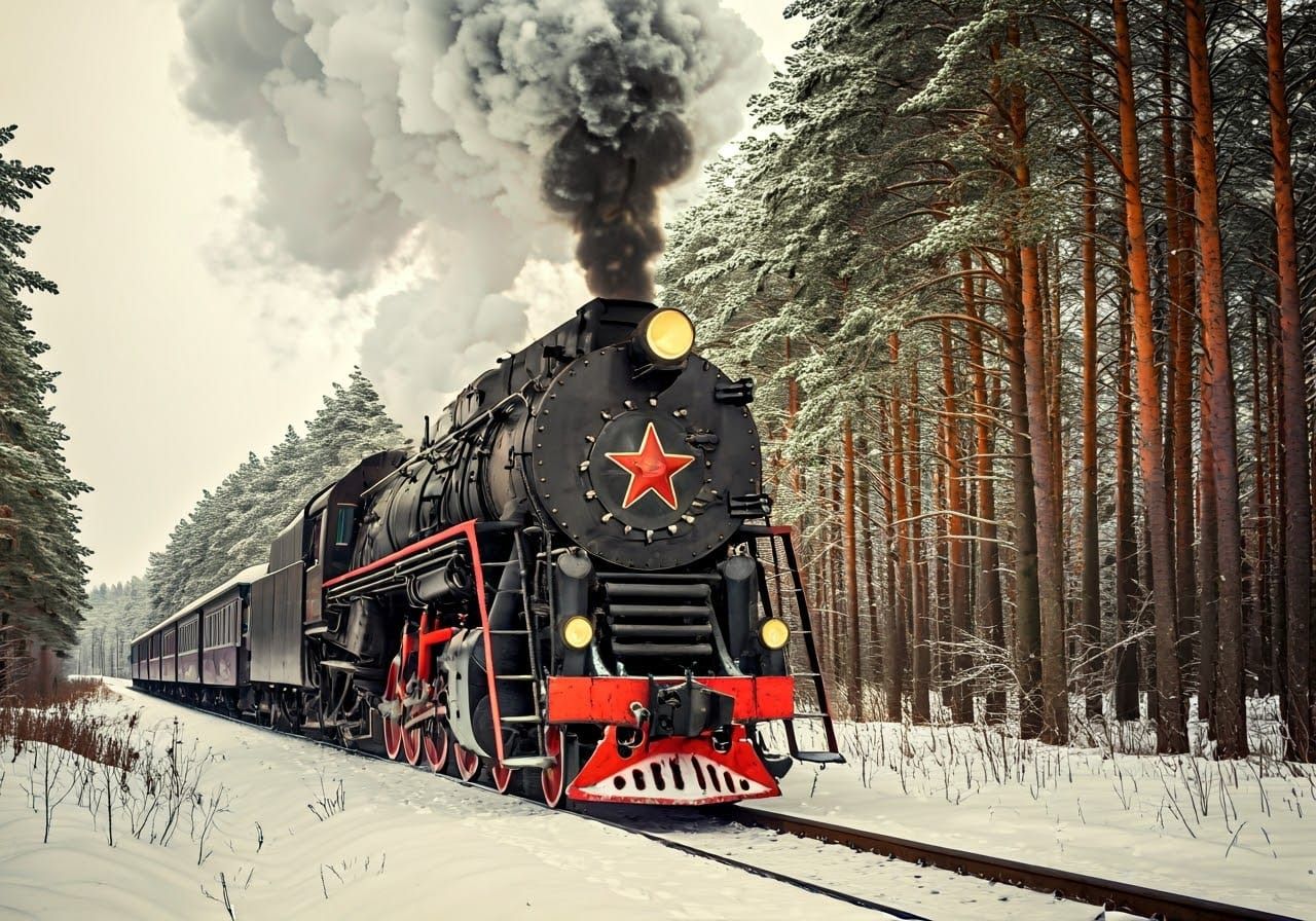 Vintage Style Steam Locomotive Chugs Through Snowy Pine Fore...