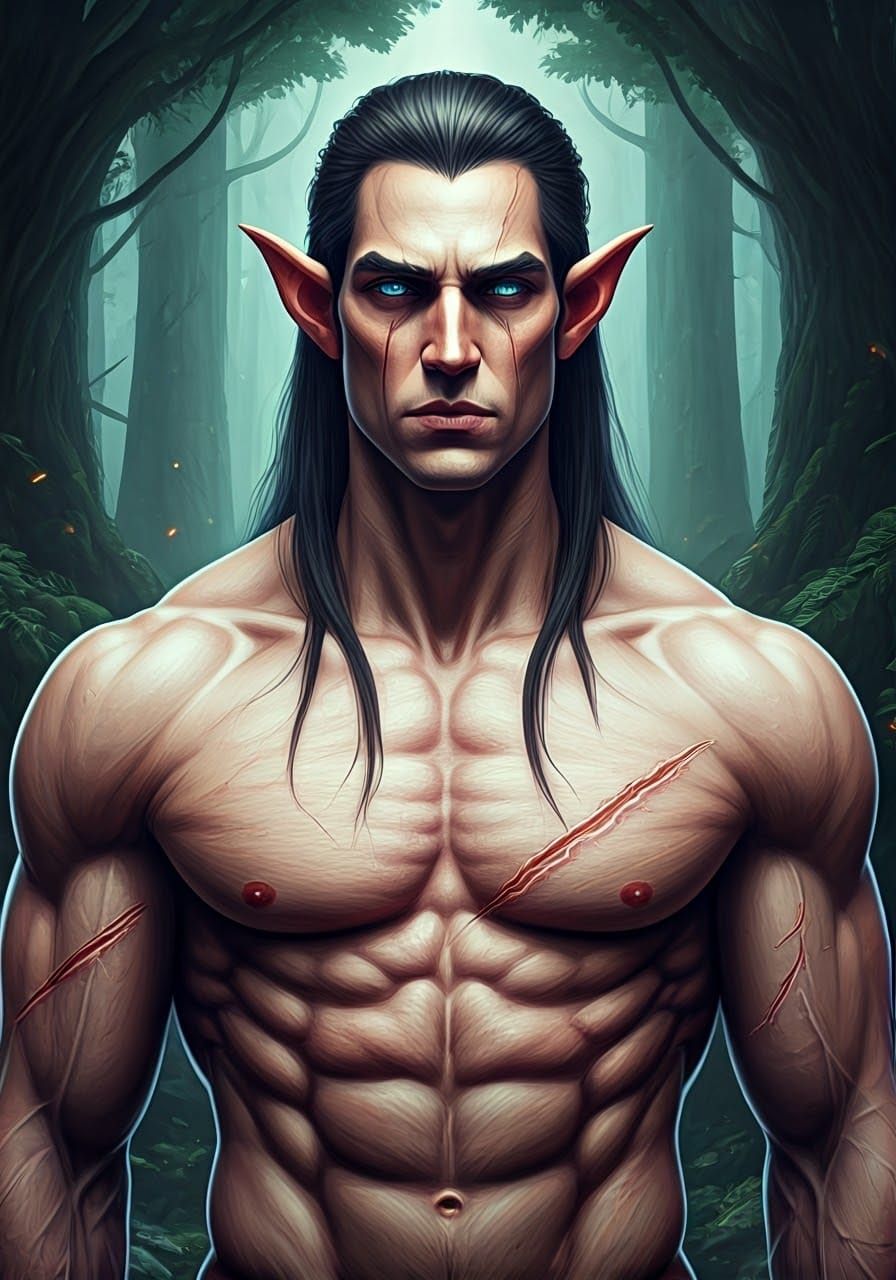 Muscular Elf in Vibrant Forest Landscape
