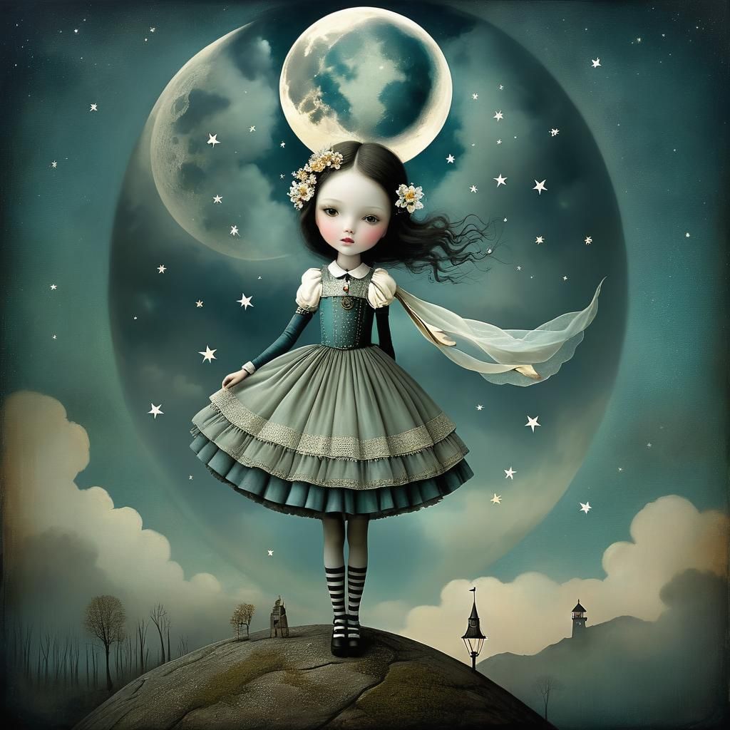 Surreal Moonlit Dreamscape in Dark Surrealist Style