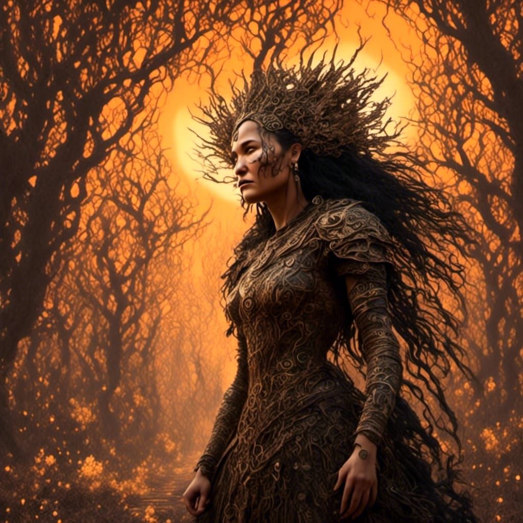 <lora:IndigenousWoman:1.0> <lora:Graffiti Doom:1.0> <lora:Hexen Hollow:1.0> A woman raises burning sage to the sun