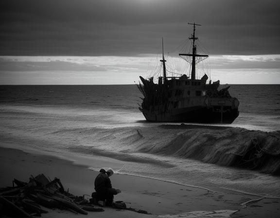 Distraught Sailor on Desert Island in Woodcut Style