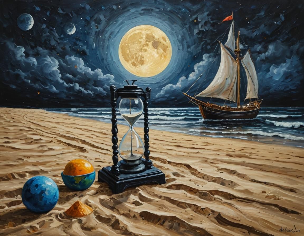 Hourglass with Earth, Moon in Neo-Impressionism Style