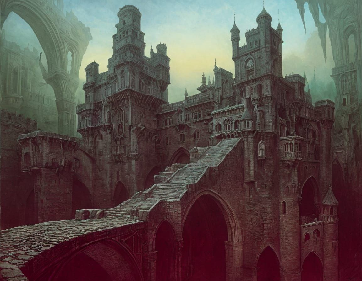 Surreal Castle with Drawbridges: Digital Art