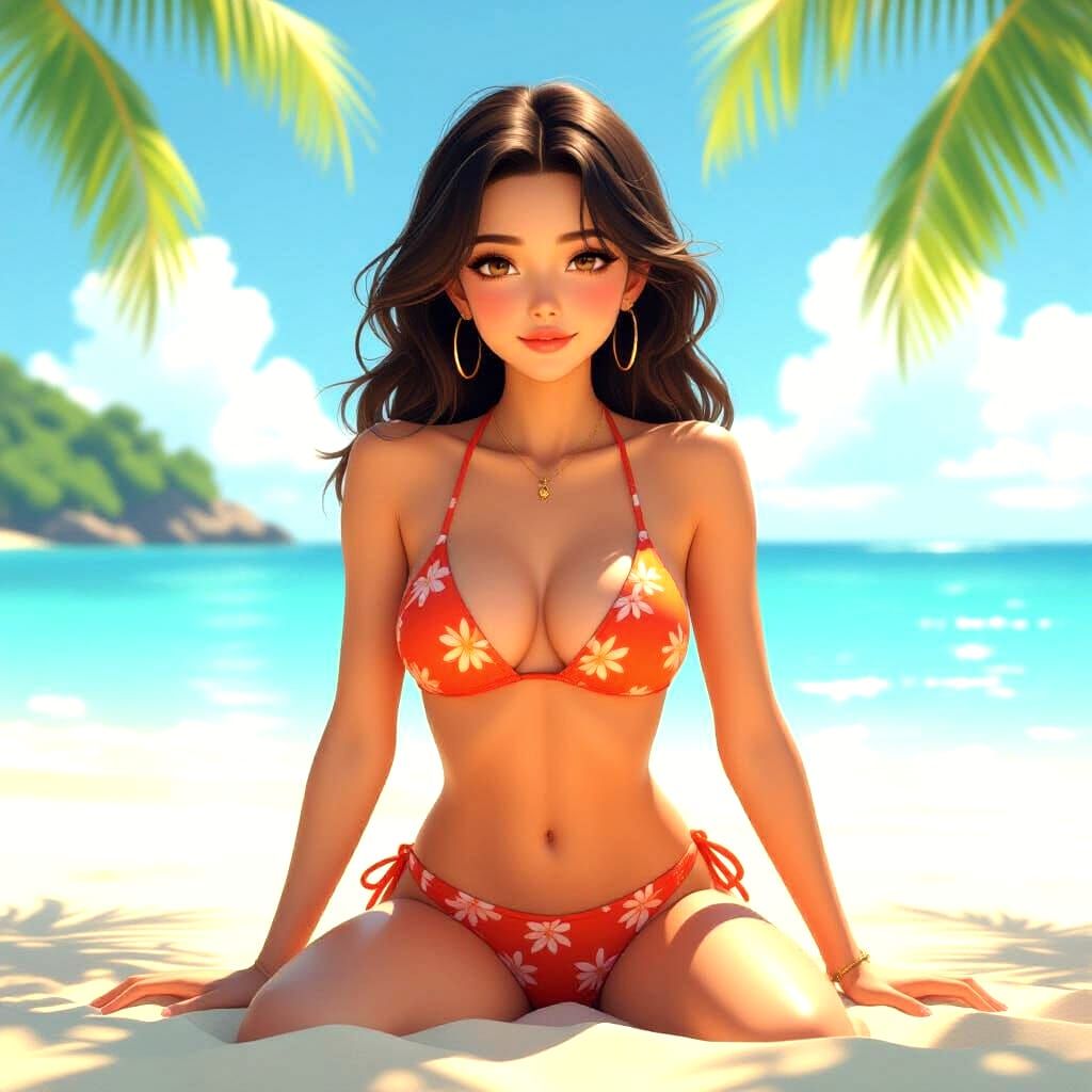 Anime Girl Tanning on Beach in Revealing Swimsuit