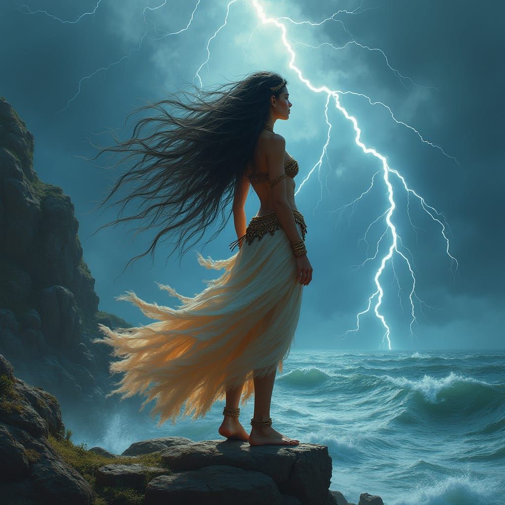 Dramatic Storm Goddess Overlooking Turbulent Sea
