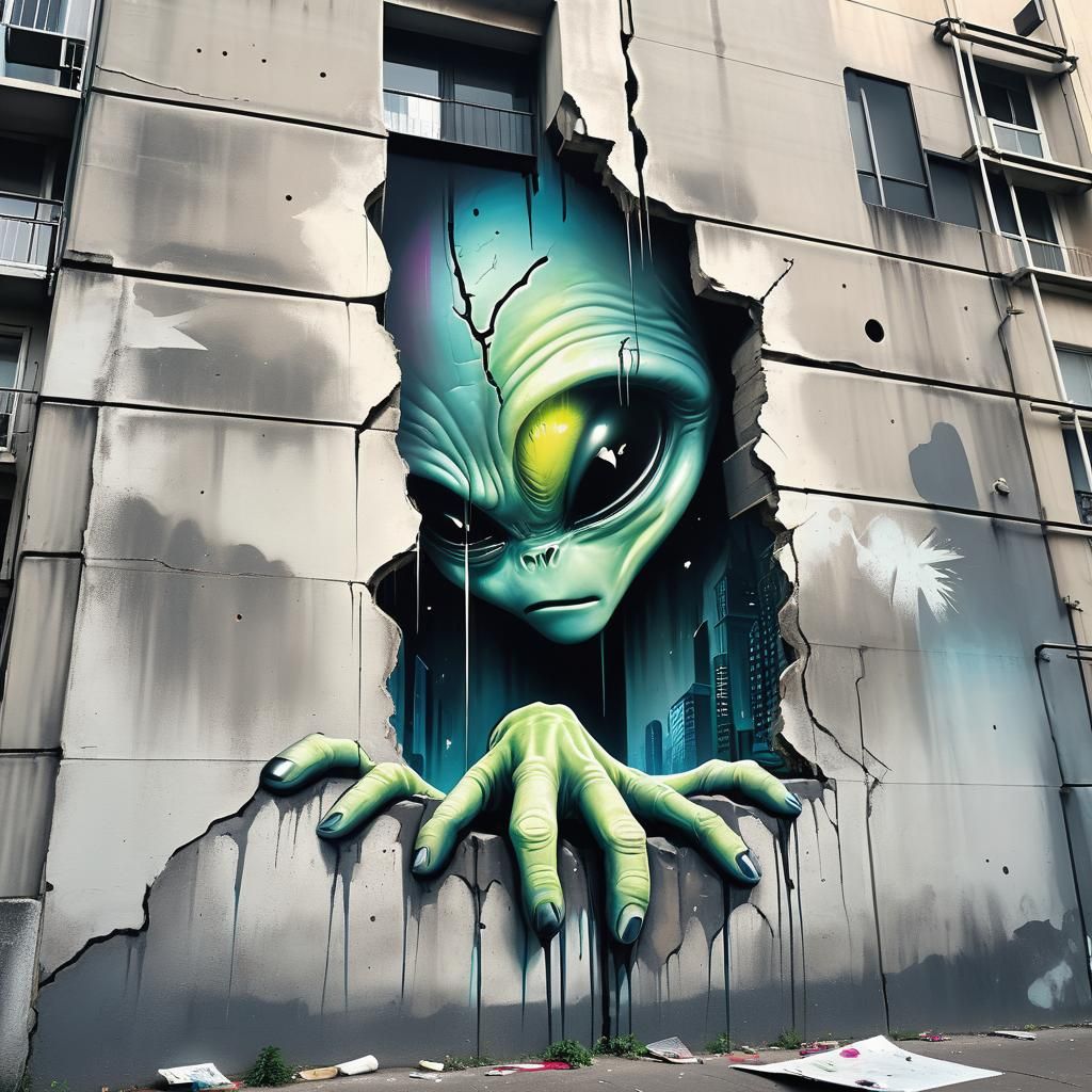 Alien Mural Revealed in Cracked Cityscape