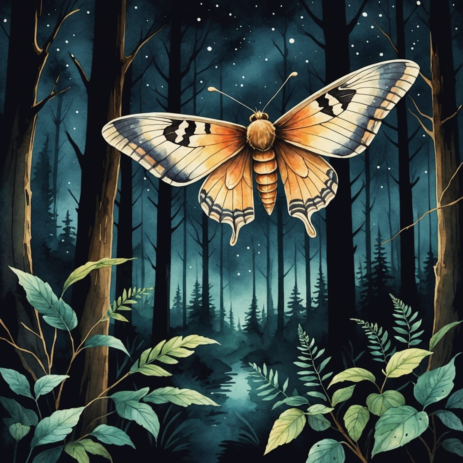 Moth Flight Through Forest in Watercolor Style