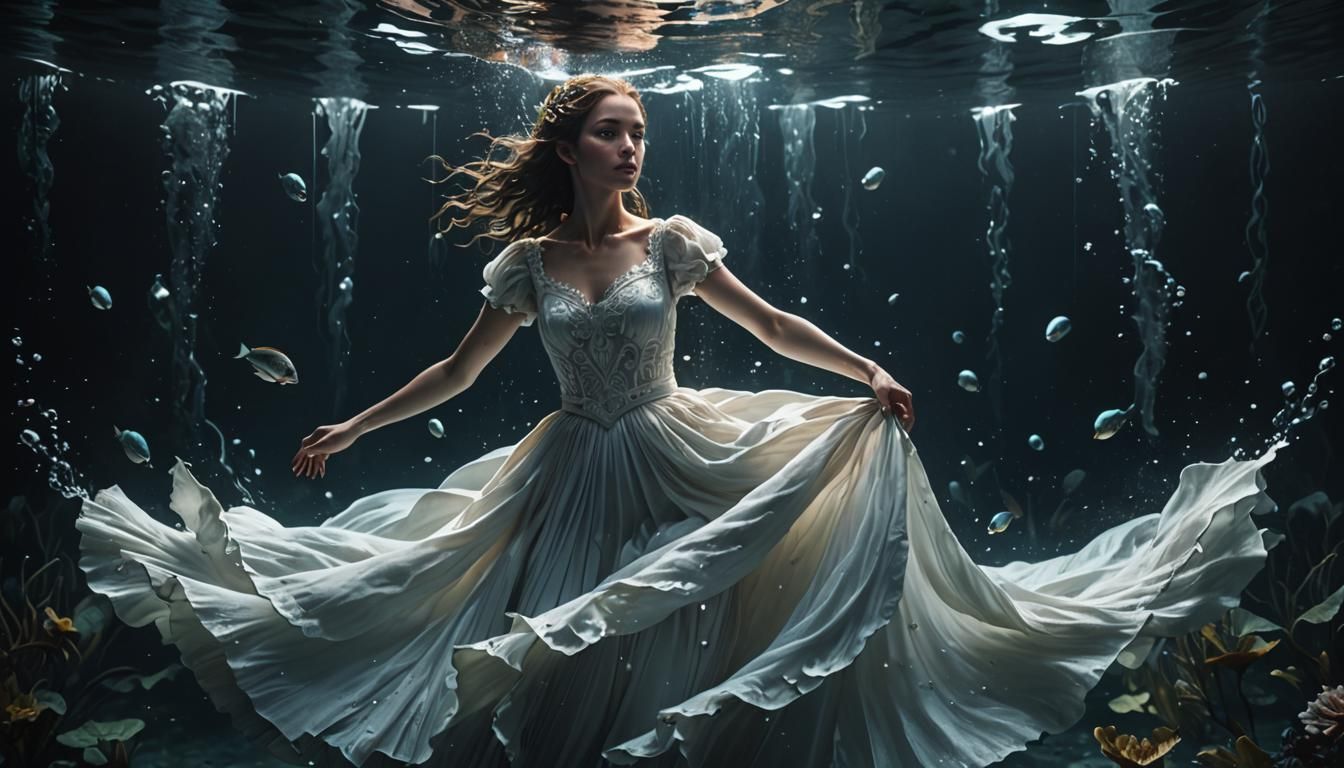Girl in White Dress Floating Under Dark Water
