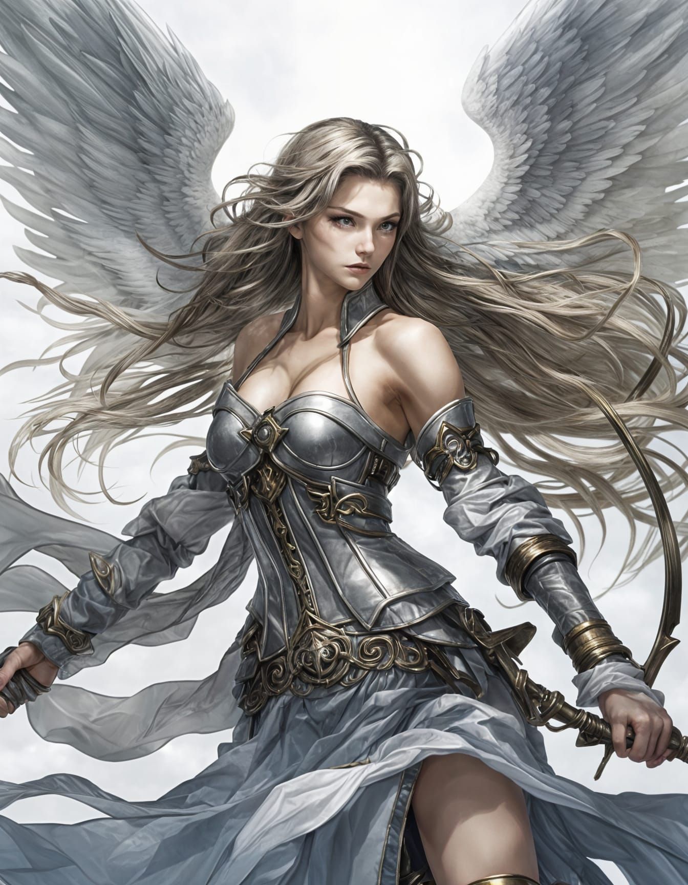 Female Dark Silver Haired Angel in a Battle Stance, Surrounded by Winds