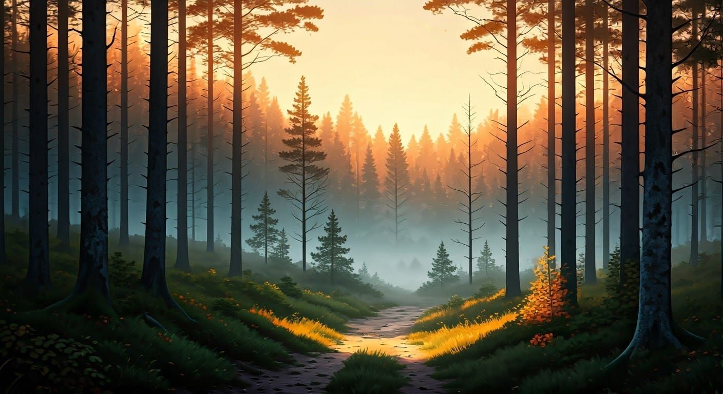 Dawn Forest Landscape Art in Soft Colors
