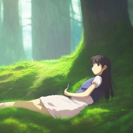 Anime Girl with Cat in Mossy Hollow, Ghibli Style