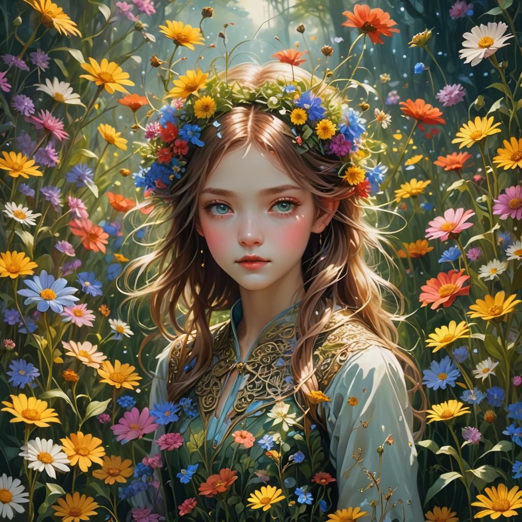 Storybook Wildflower Field in Watercolor Style