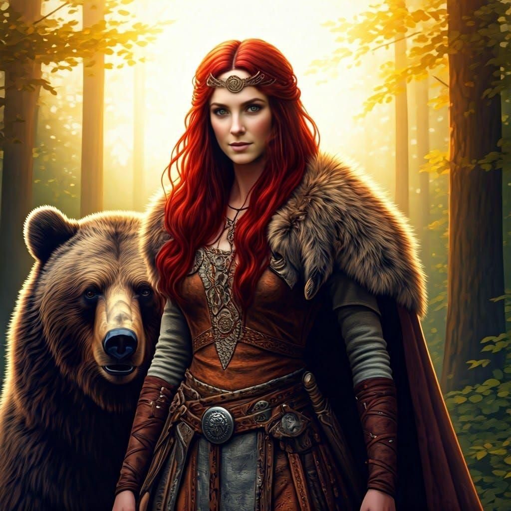 Celtic Bear Goddess Andarta in Forest, Hyperrealistic Art