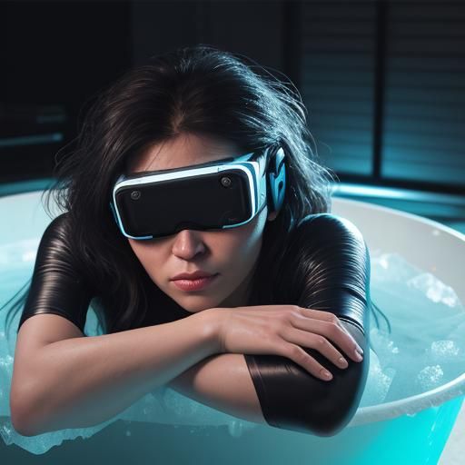 Girl in VR Headset Immersed in Ice Bath