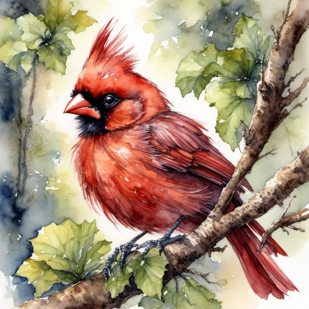Cute Red Cardinal Chick in Watercolour Style